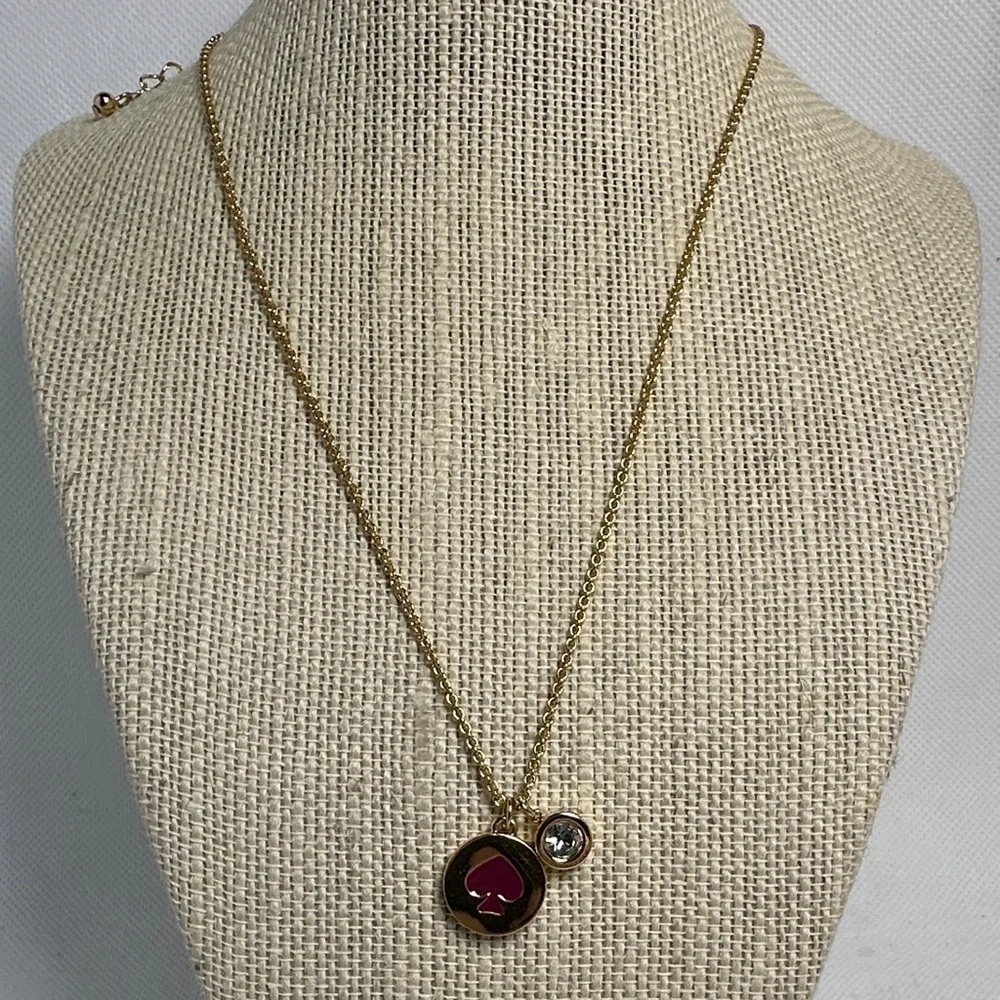 Kate Spade Gold Necklace with Red Spade & Crystal Charm – 16.5” with 3” Extender